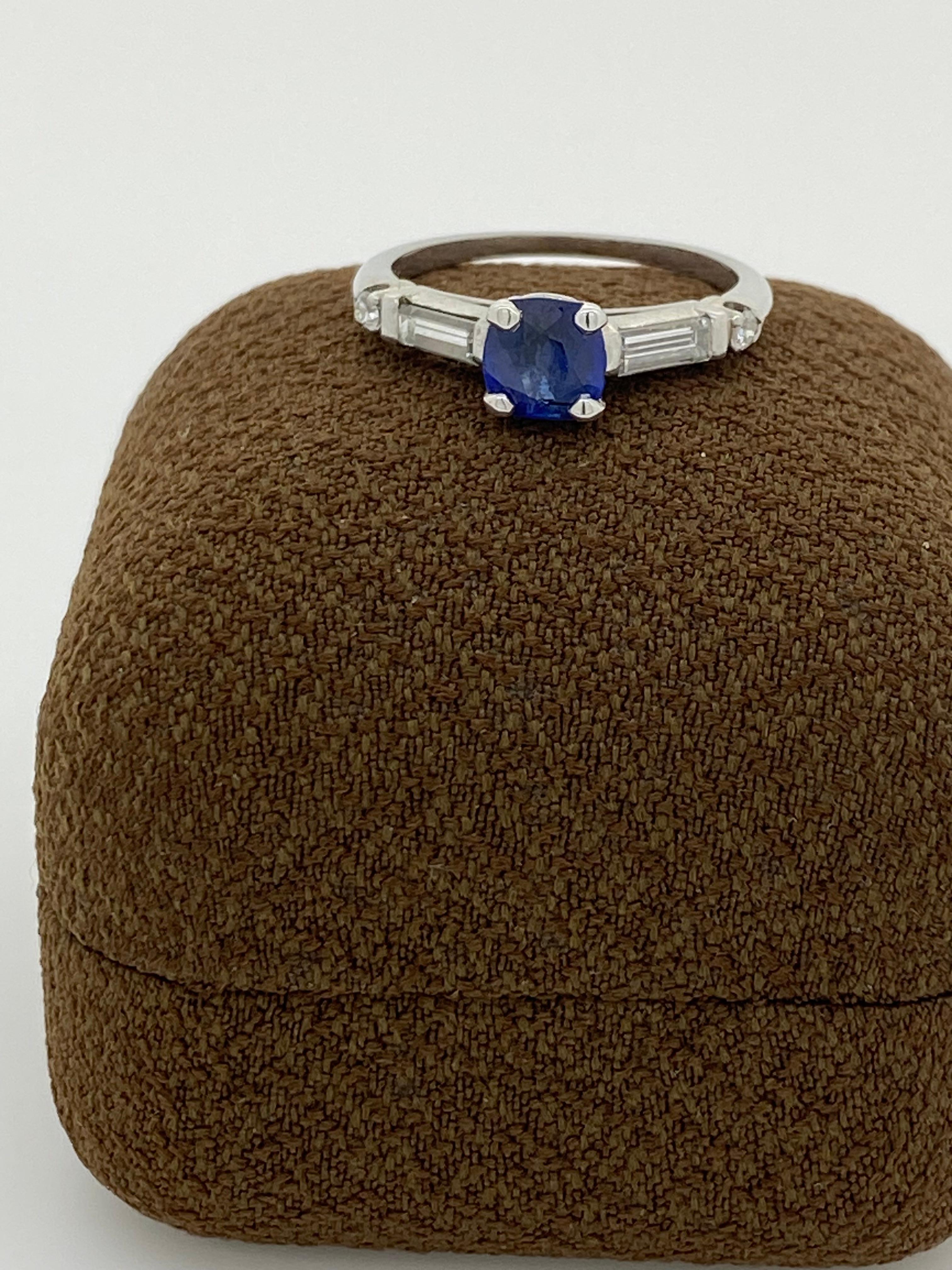 Women's 0.60ct Ceylon (Sri Lankan) Sapphire & Tapered Baguette Diamond Ring in Platinum For Sale
