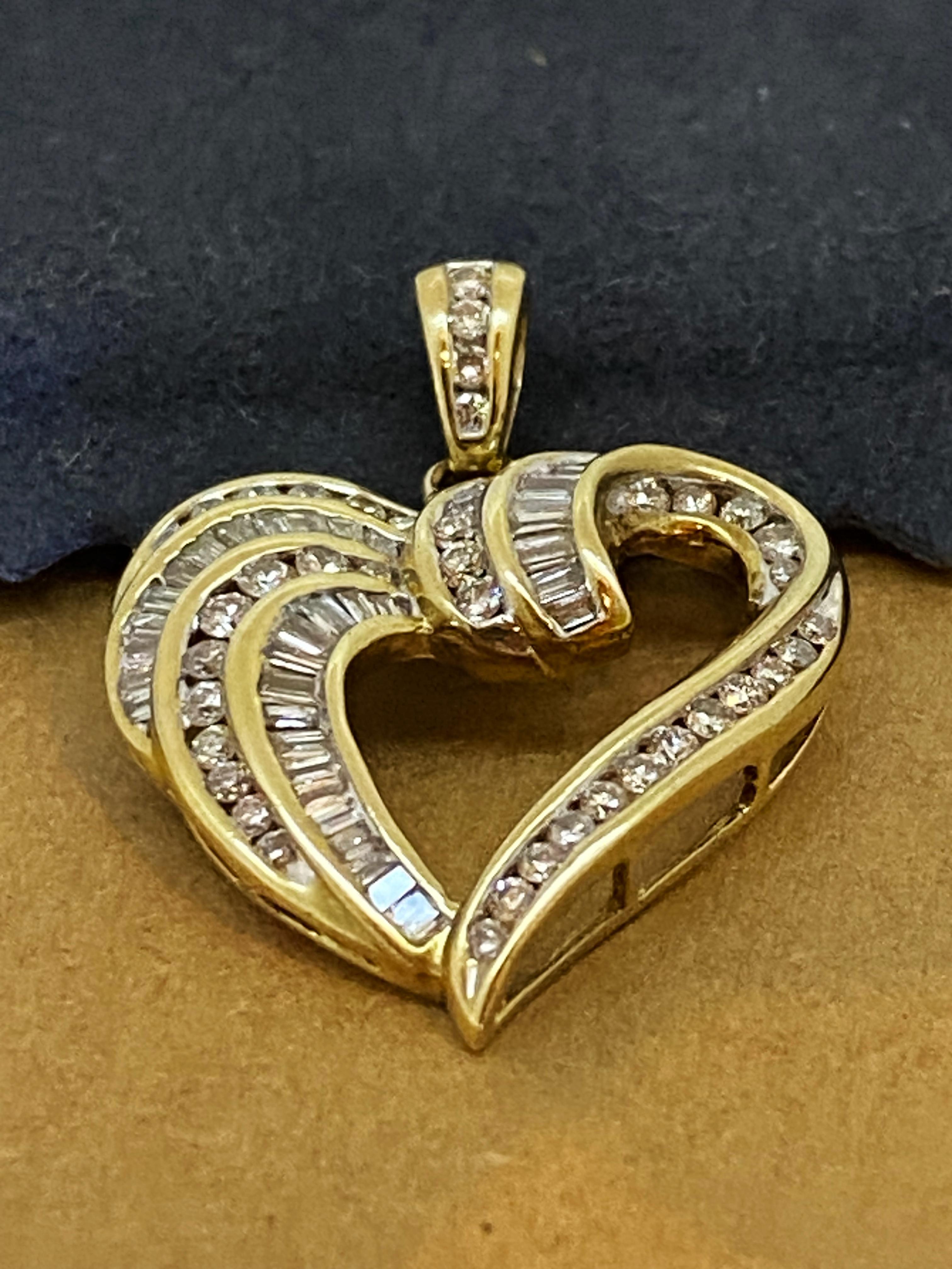 Baguette Cut 0.60ct Diamond (Baguette & Round) Heart-Shaped Vintage Pendant in 9K Yellow Gold For Sale