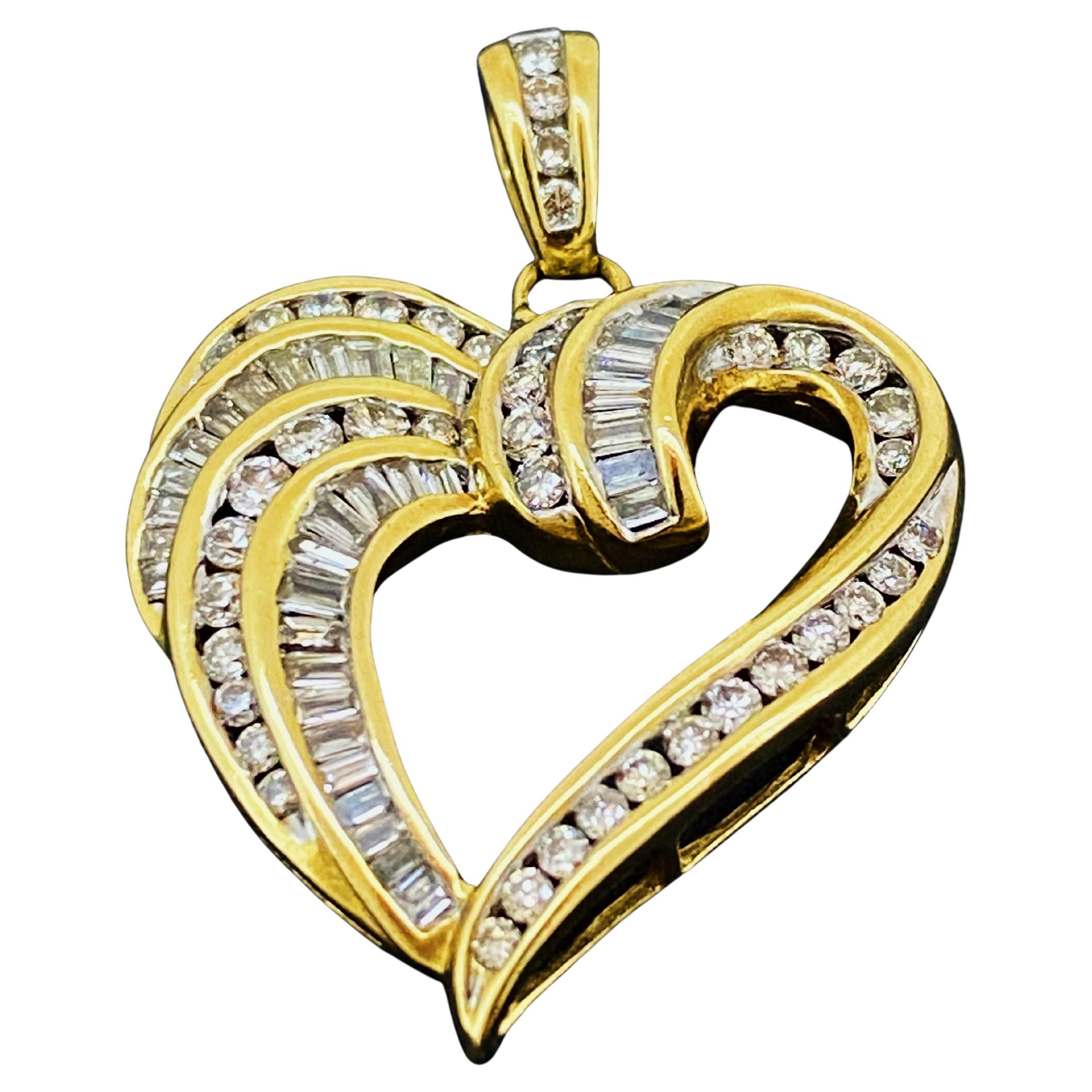 0.60ct Diamond (Baguette & Round) Heart-Shaped Vintage Pendant in 9K Yellow Gold