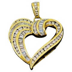 0.60ct Diamond (Baguette & Round) Heart-Shaped Vintage Pendant in 9K Yellow Gold