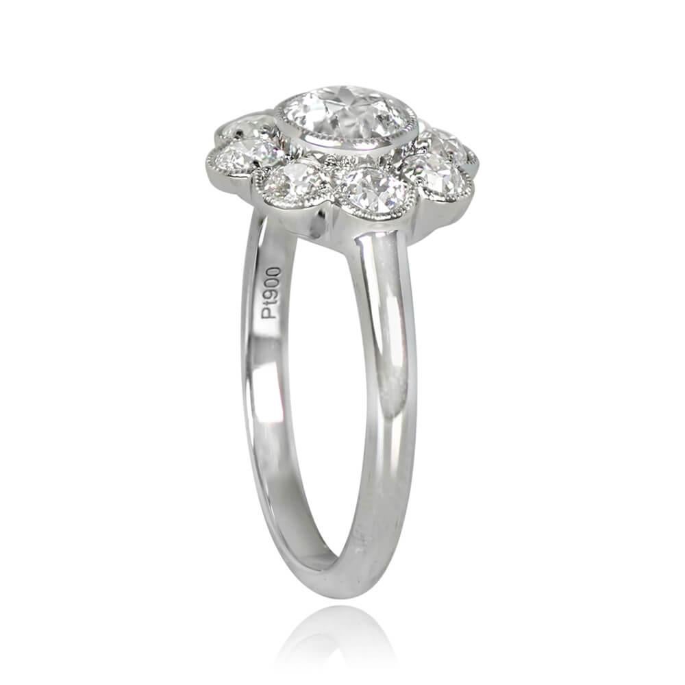 Art Deco 0.60ct Old European Cut Diamond Cluster Ring, G Color, Diamond Halo, Platinum For Sale