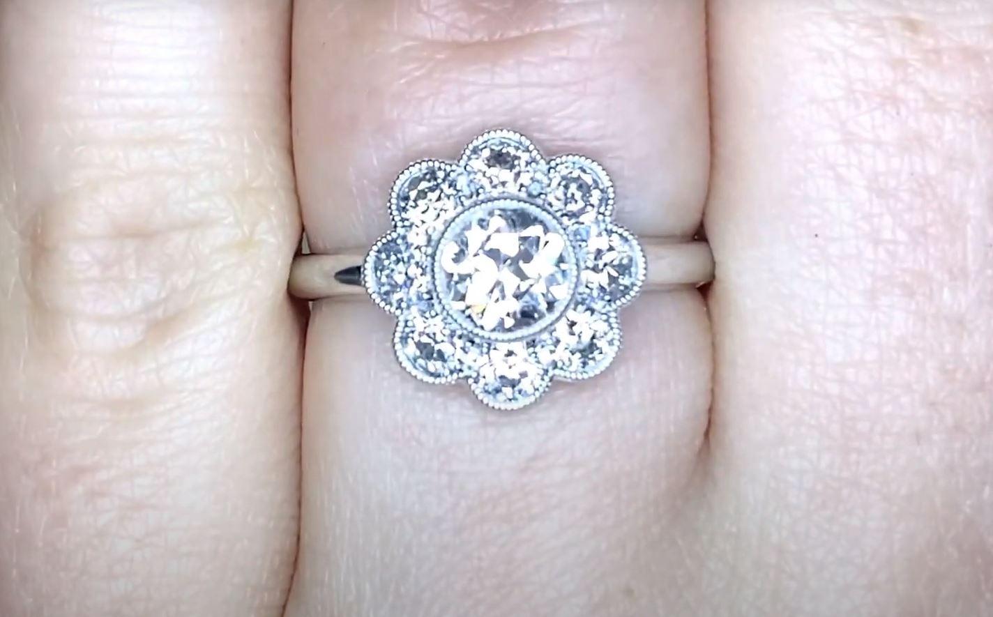 Women's 0.60ct Old European Cut Diamond Cluster Ring, G Color, Diamond Halo, Platinum For Sale