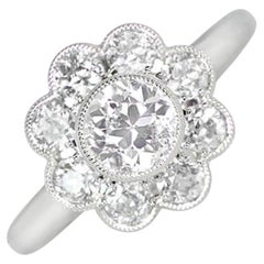 0.60ct Old European Cut Diamond Cluster Ring, G Color, Diamond Halo, Platinum