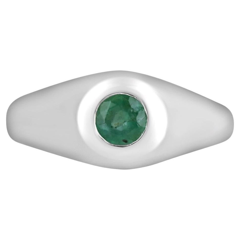 0.60ct SS Medium Dark Green Round Natural Emerald Solitaire Bezel Men's Ring