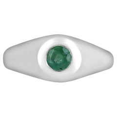 0.60ct SS Medium Dark Green Round Natural Emerald Solitaire Bezel Herrenring