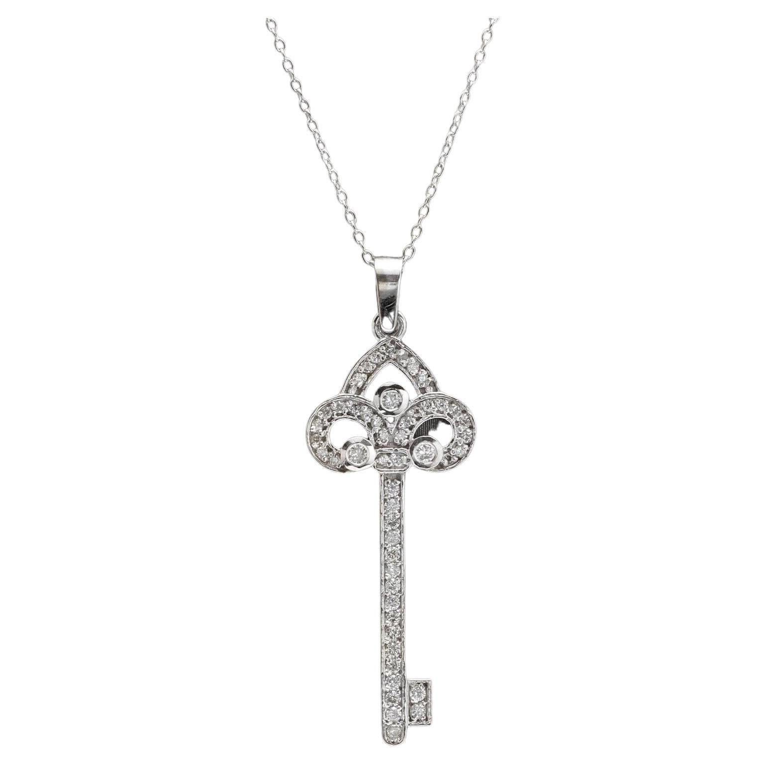 0.60Ct Stunning 14K Solid White Gold Diamond Key Pendant Necklace For Sale