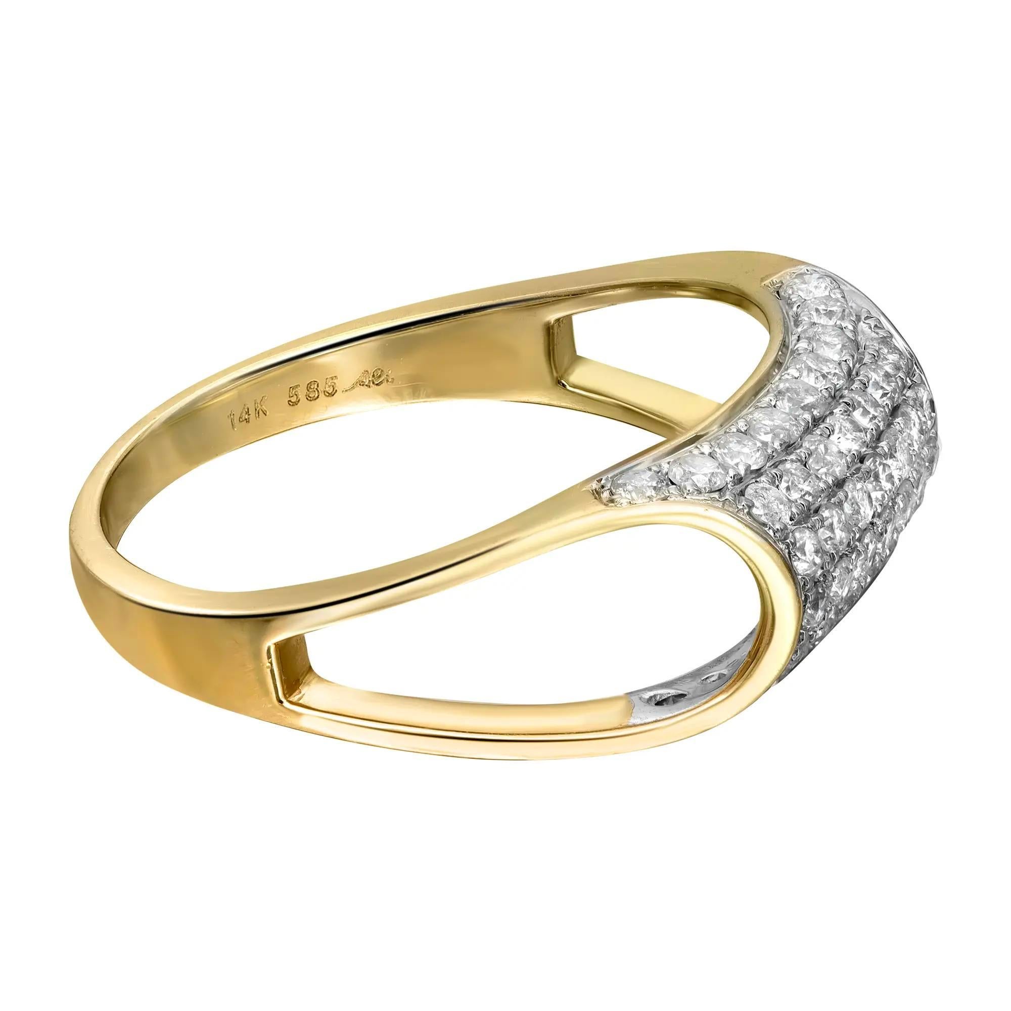 Classic and elegant diamond dome shaped band ring rendered in highly polished 14K yellow gold. This ring features round brilliant cut diamonds in pave setting totaling 0.60 carat. Diamond quality: I color and SI clarity. Ring size: 7.5. Ring width: