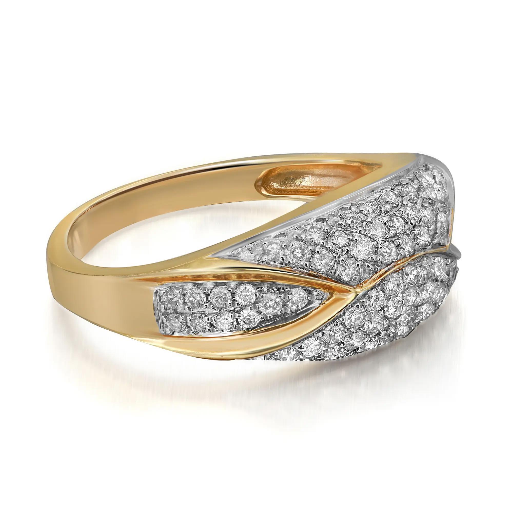 Classic and elegant diamond band ring rendered in highly polished 14K yellow gold. This ring features sparkling round brilliant cut diamonds in prong settings totaling 0.60 carat. Diamond quality: I color and SI1 clarity. Ring size: 7.5. Ring width:
