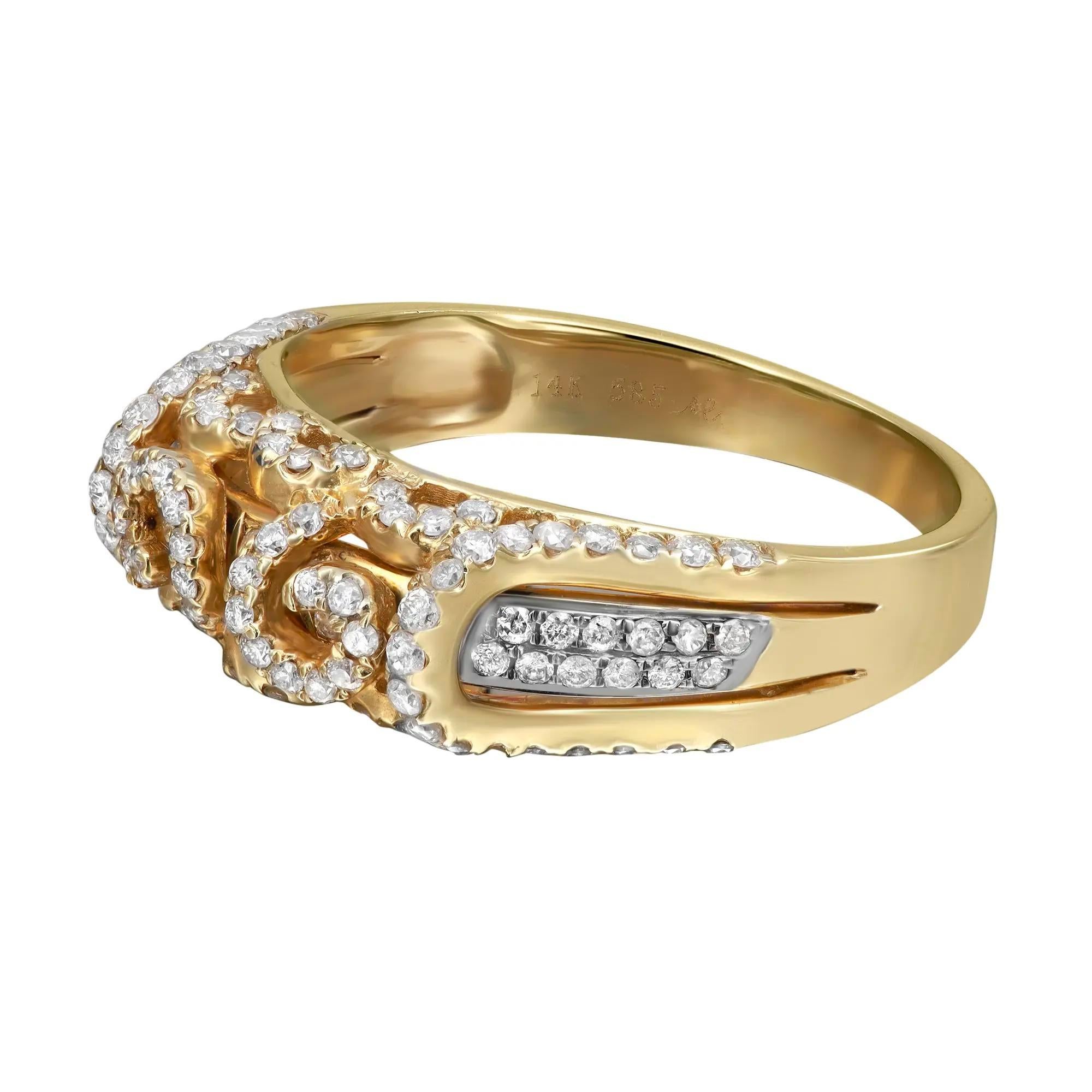 Sparkle with this fancy yellow gold diamond band ring. This ring provides a lustrous polished look with its round cut diamonds weighing 0.60 carat. Diamond color I and SI clarity. Metal: 14K yellow gold. Ring size: 7.5. The width of the ring is 6.8