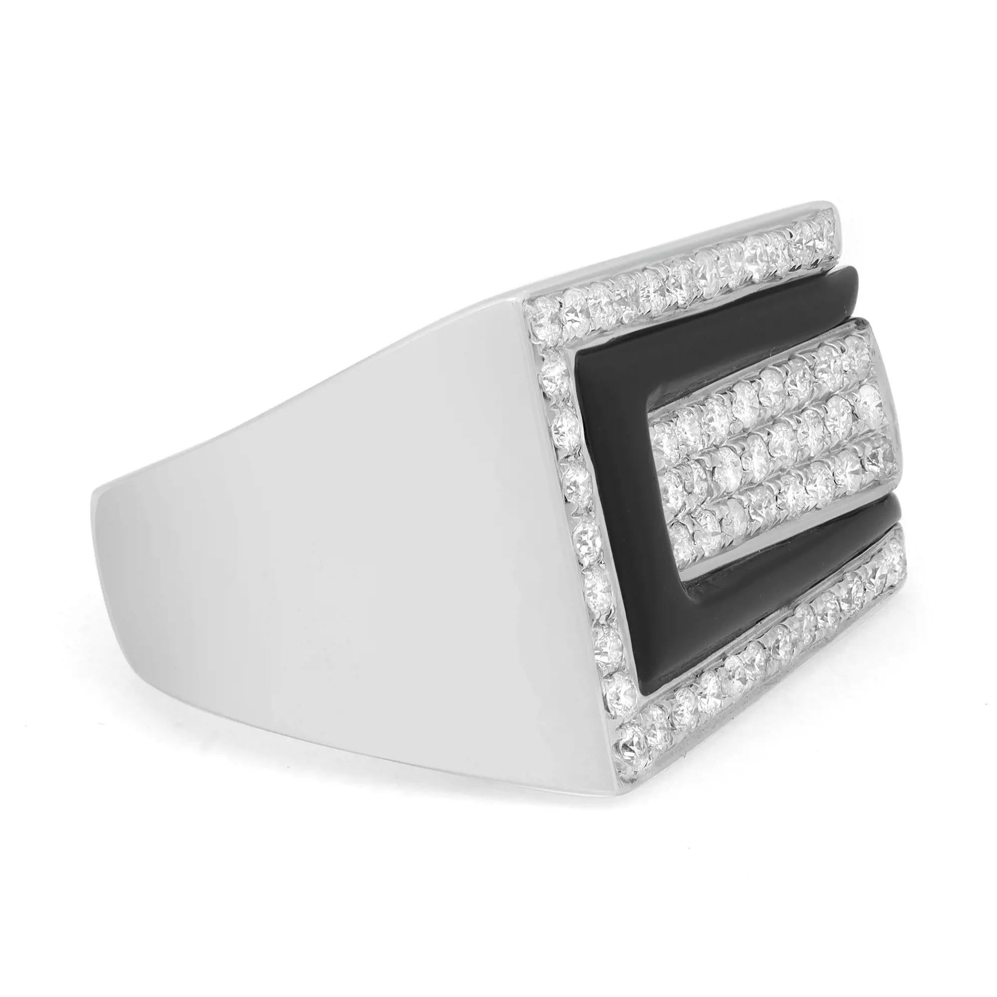 Modern 0.60cttw Round Diamond and Onyx Wide Band Cocktail Ring 14k White Gold For Sale