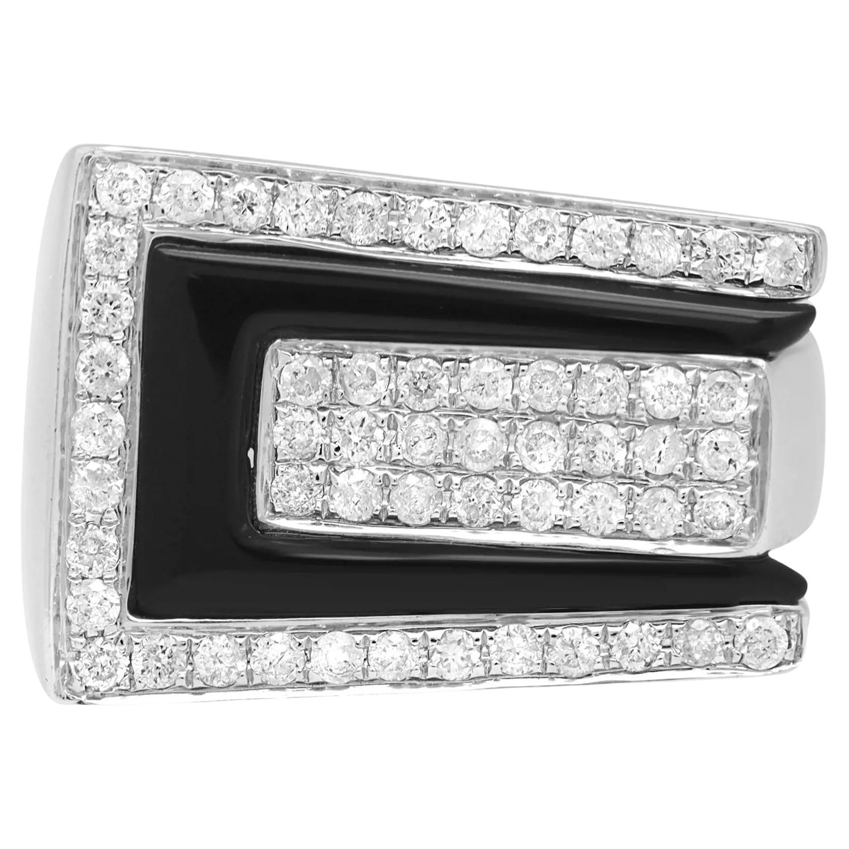 0.60cttw Round Diamond and Onyx Wide Band Cocktail Ring 14k White Gold For Sale