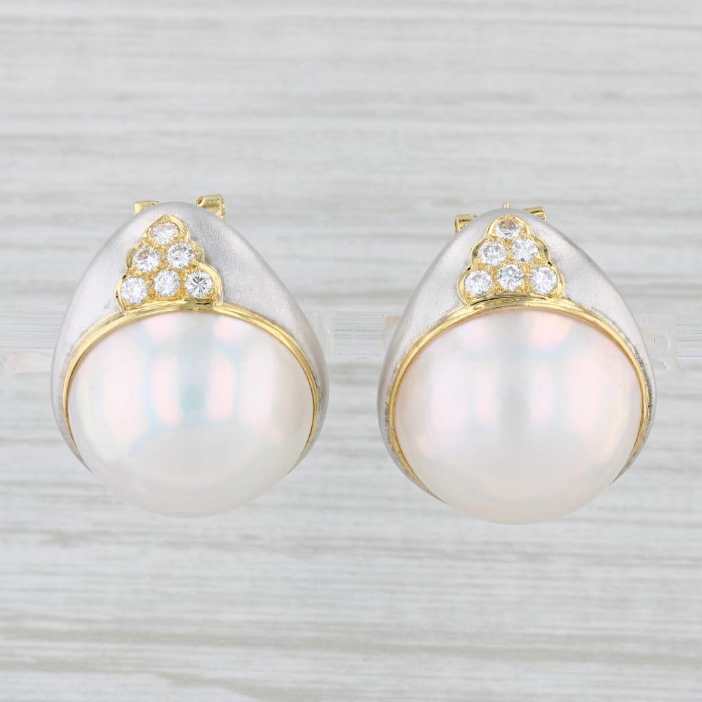 Round Cut 0.60ctw Diamond Mabe Pearl Statement Earrings 18k Gold Pierced Omega Backs For Sale