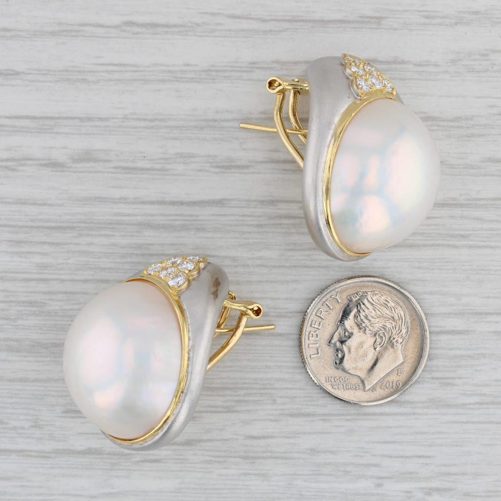 0.60ctw Diamond Mabe Pearl Statement Earrings 18k Gold Pierced Omega Backs For Sale 1