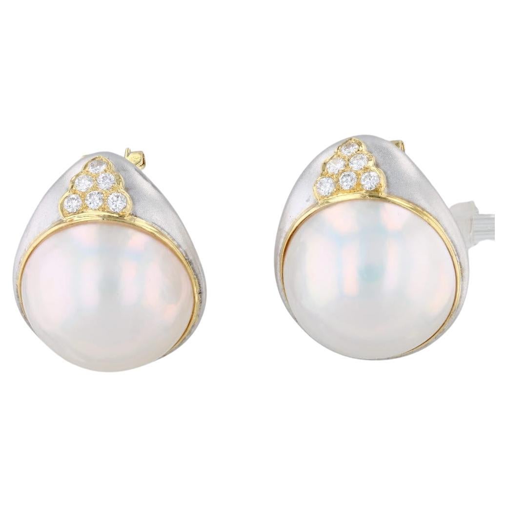 0.60ctw Diamond Mabe Pearl Statement Earrings 18k Gold Pierced Omega Backs For Sale
