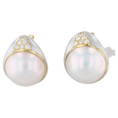 0.60ctw Diamond Mabe Pearl Statement Earrings 18k Gold Pierced Omega Backs