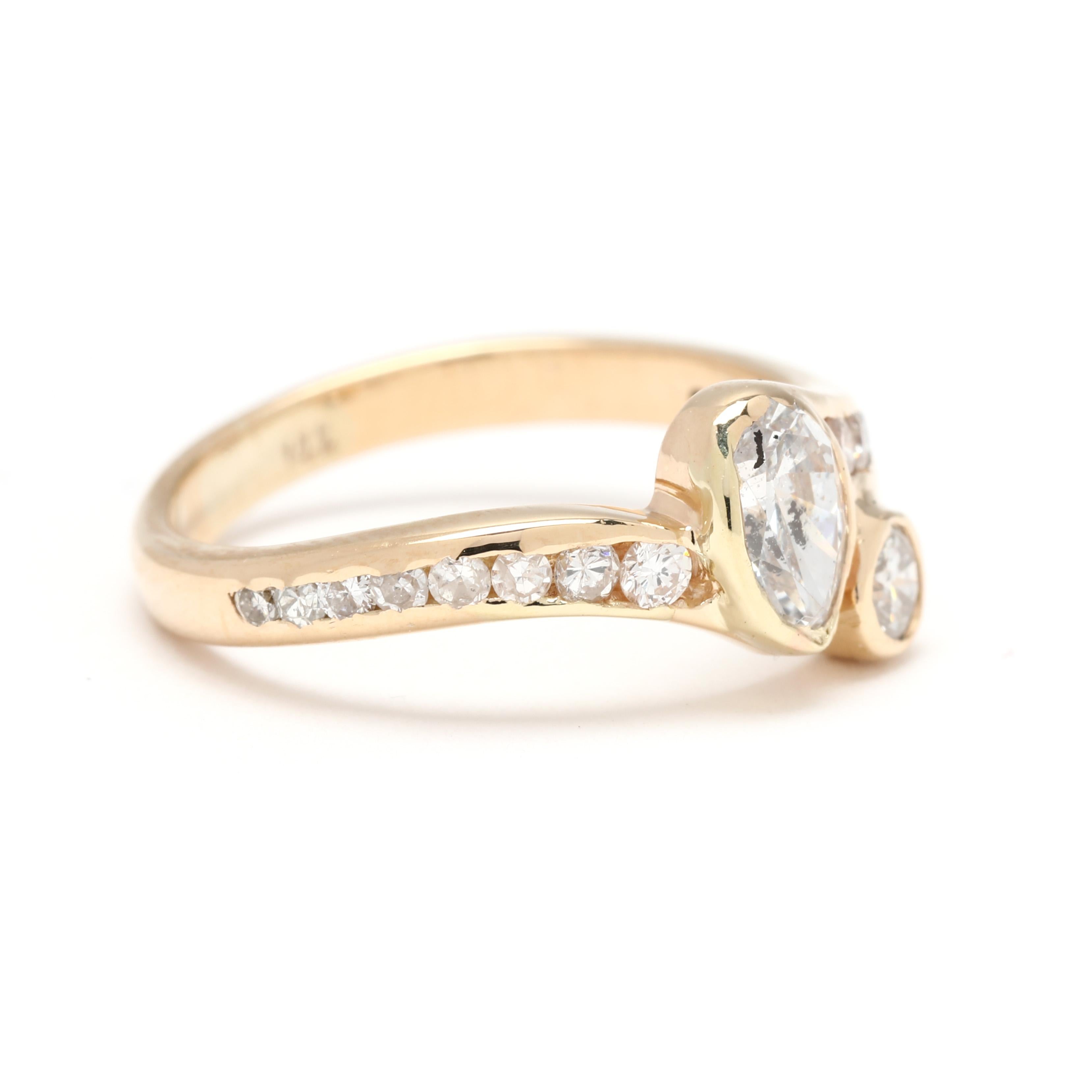 Haz una declaración sofisticada con este impresionante anillo de diamantes en forma de pera, elaborado en oro amarillo de 14k. Con 0,60 ctw de diamantes brillantes, este anillo de talla 3,25 exhibe dos deslumbrantes diamantes en forma de pera en un