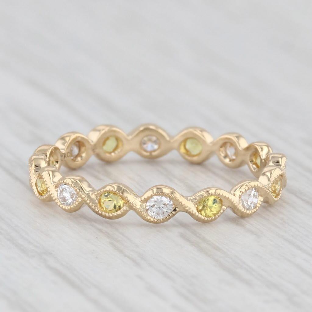 Round Cut 0.60ctw Diamond Yellow Sapphire Eternity Band 18k Gold Size 5.75 Wedding Ring For Sale