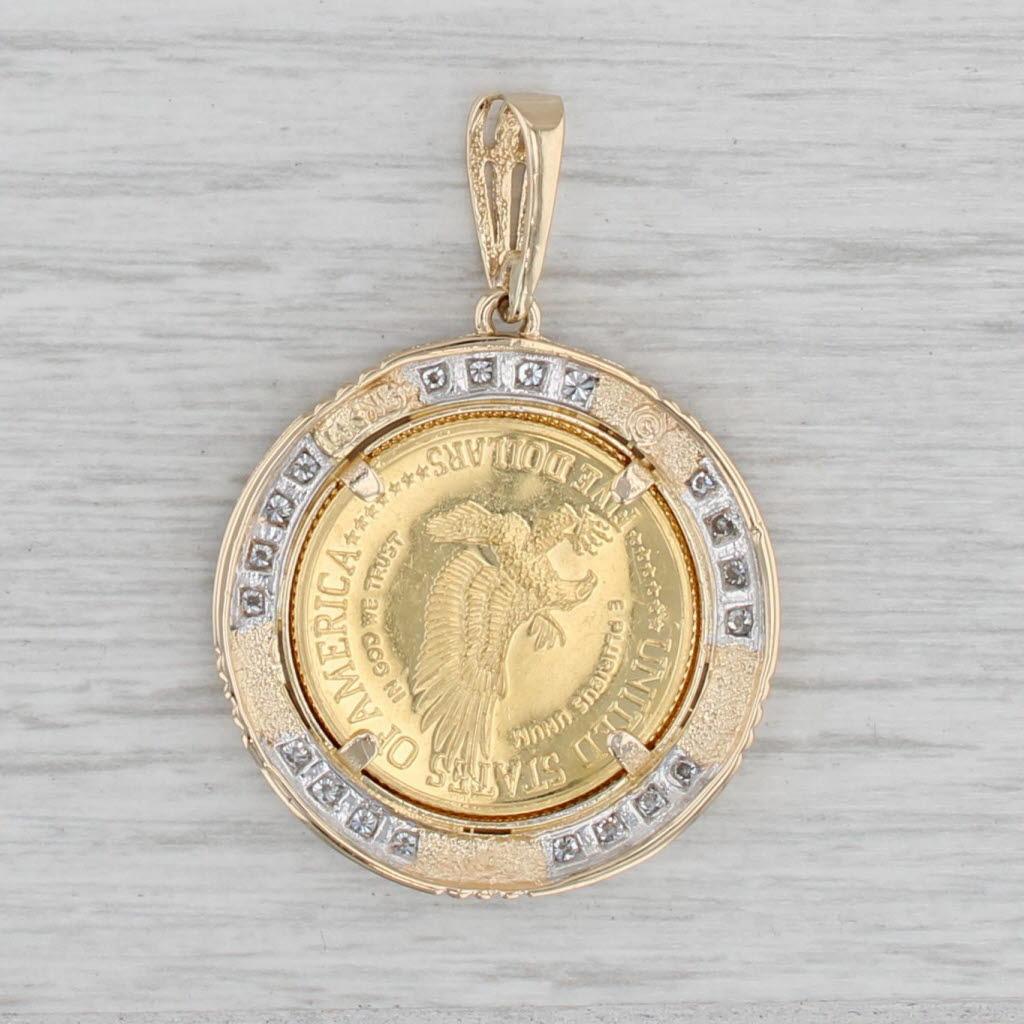 Round Cut 0.60ctw Diamond14k Coin Bezel Pendant 1986 Statue of Liberty 900 Gold Coin 5 USD