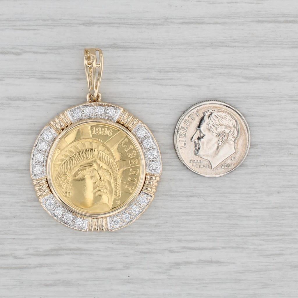 0.60ctw Diamond14k Coin Bezel Pendant 1986 Statue of Liberty 900 Gold Coin 5 USD In Good Condition For Sale In McLeansville, NC