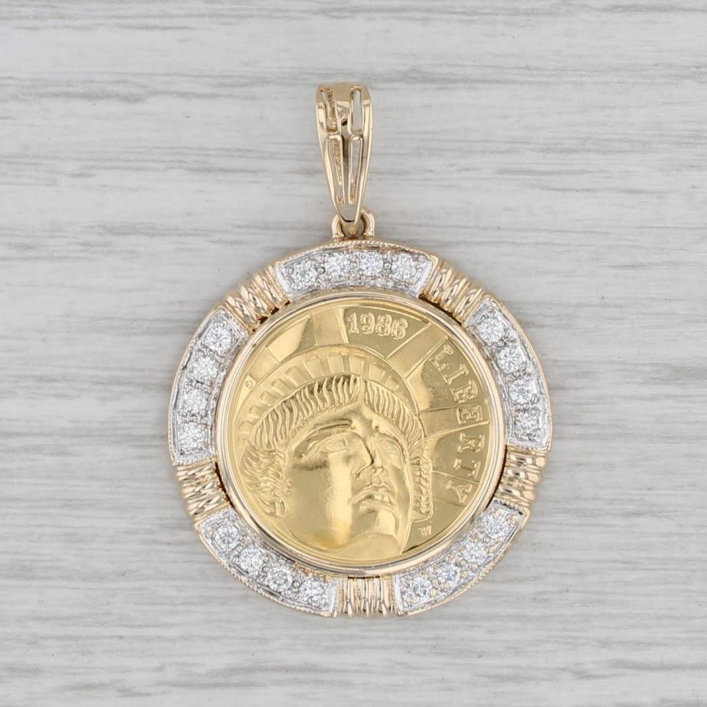 0.60ctw Diamond14k Coin Bezel Pendant 1986 Statue of Liberty 900 Gold Coin 5 USD For Sale