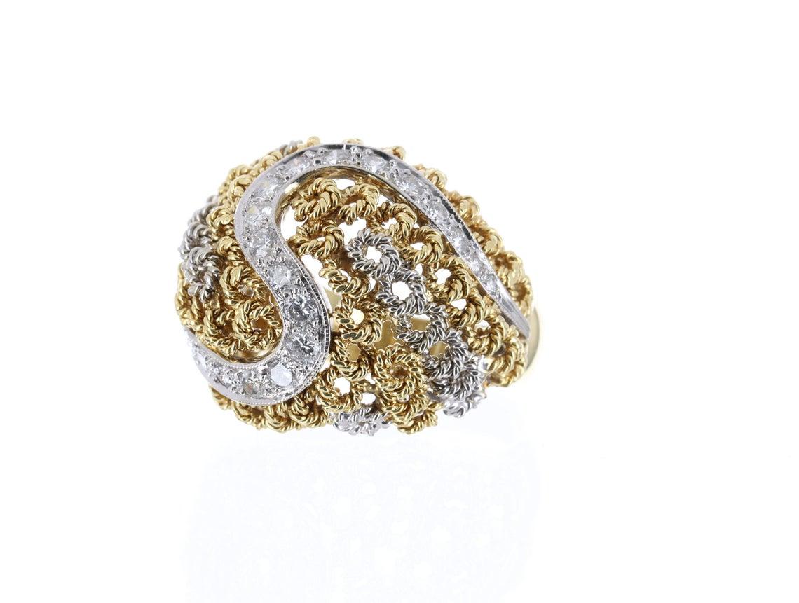 This a basket weave, dome styled, diamond statement ring. Perfect as a right-hand ring or dinner ring. This incredible ring is solid 18k yellow and white gold, displaying numerous brilliant round diamonds, with spectacular attention to detail, a