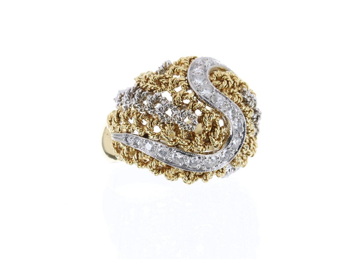 Round Cut 0.60pts 18K Gold & Diamond Basket Weave Cocktail Ring For Sale