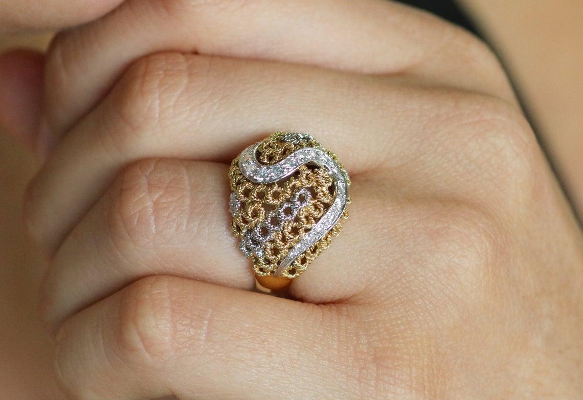 0.60pts 18K Gold & Diamond Basket Weave Cocktail Ring In New Condition For Sale In Jupiter, FL