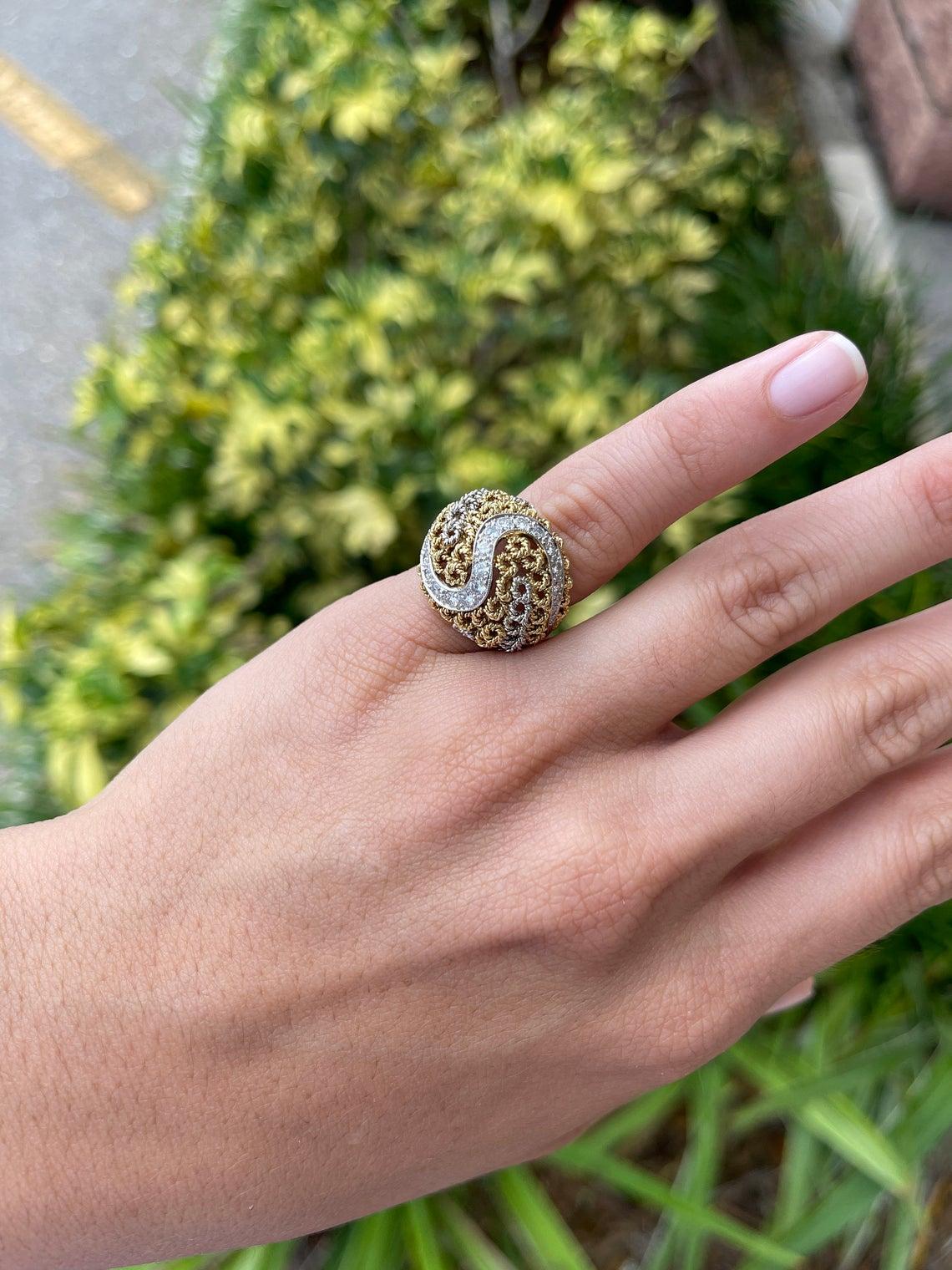Women's 0.60pts 18K Gold & Diamond Basket Weave Cocktail Ring For Sale