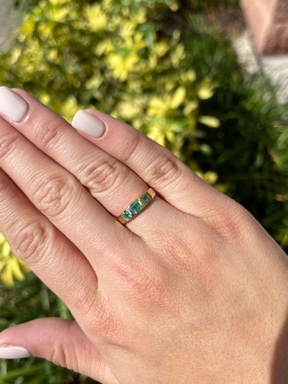 0.60tcw 14K Princess Cut Emerald Bezel Set Three Stone Band Gold Unisex Ring For Sale 3