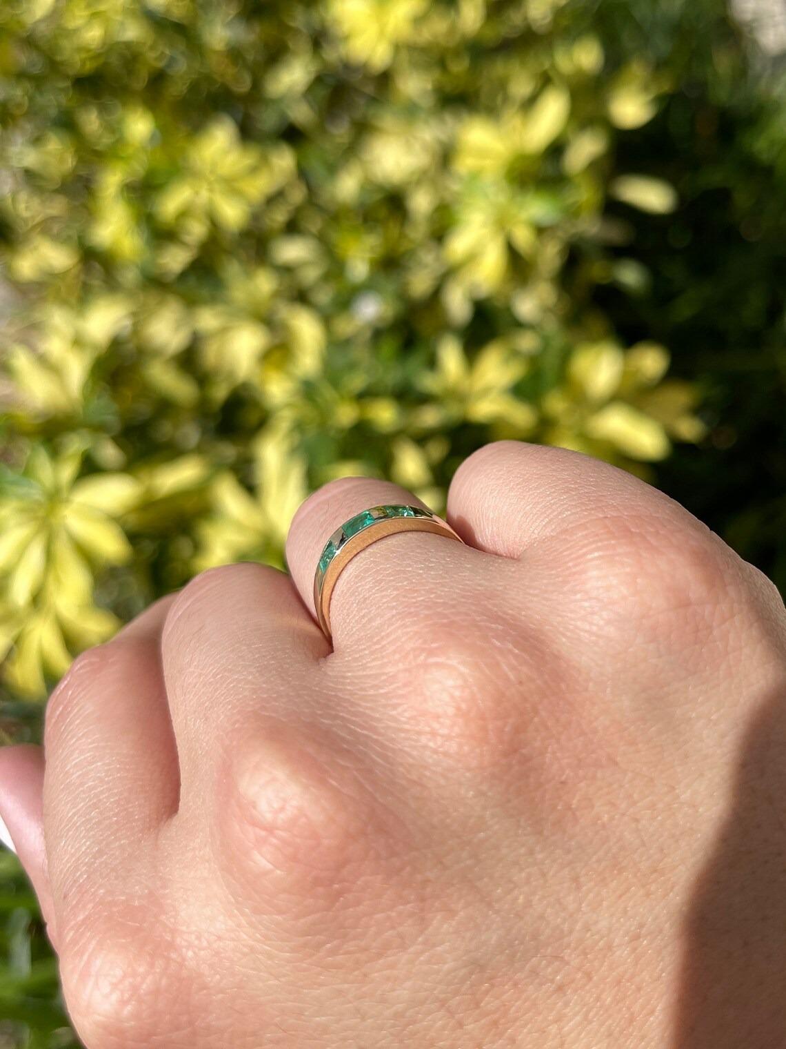 0.60tcw 14K Princess Cut Emerald Bezel Set Three Stone Band Gold Unisex Ring For Sale 5