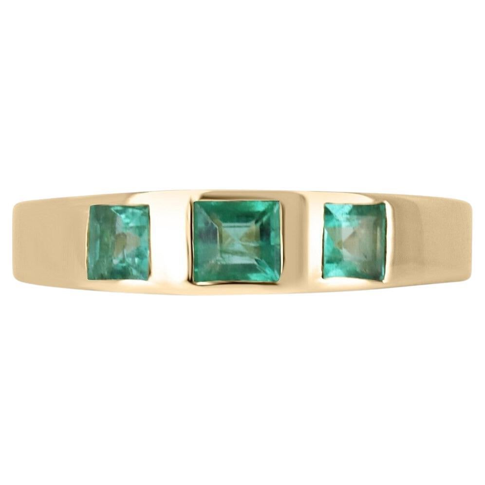 0.60tcw 14K Princess Cut Emerald Bezel Set Three Stone Band Gold Unisex Ring For Sale