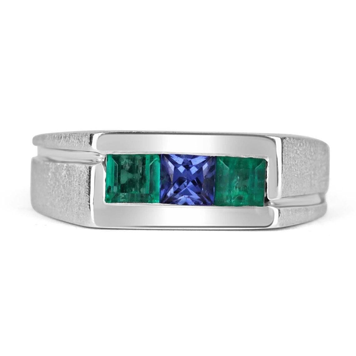 Emerald Cut 0.60tcw Men's Natural Colombian Emerald & Tanzanite Gold Band Ring For Sale