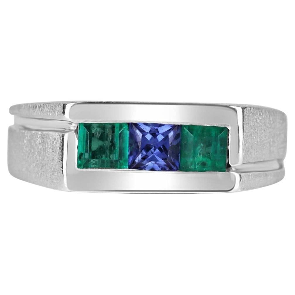 0.60tcw Men's Natural Colombian Emerald & Tanzanite Gold Band Ring For Sale