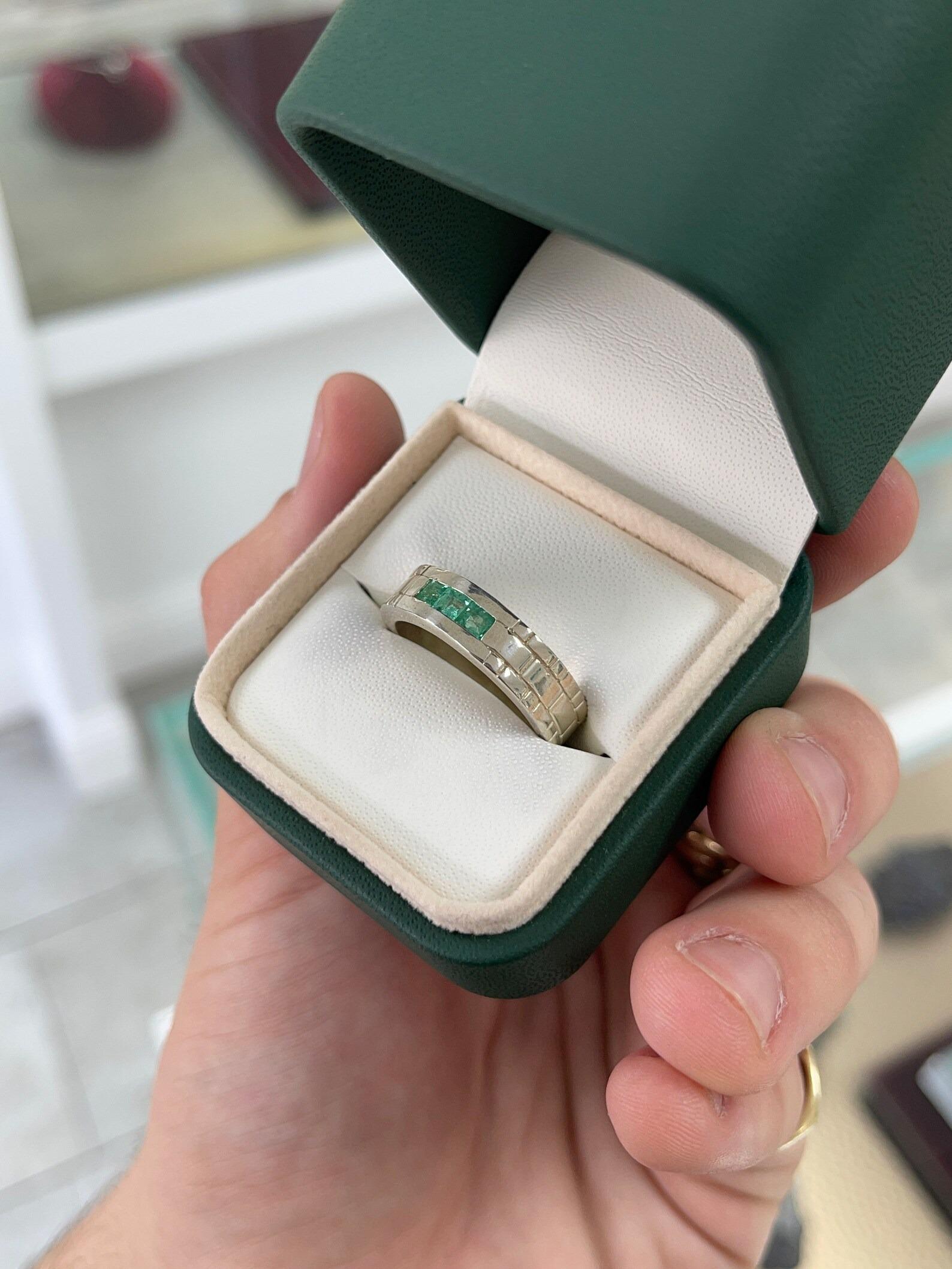 0.60tcw Mens Natural Emerald Princess Curt Channel Set Band Ring Sterling Silver In New Condition For Sale In Jupiter, FL