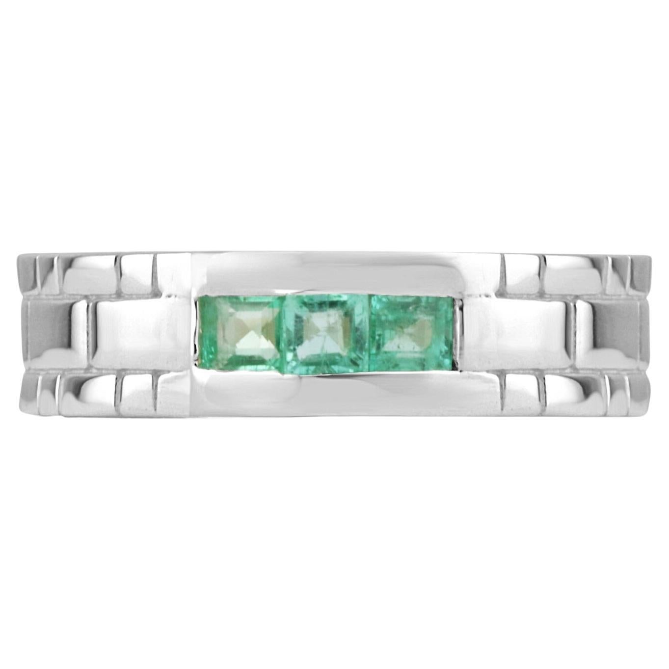 0.60tcw Mens Natural Emerald Princess Curt Channel Set Band Ring Sterling Silver For Sale