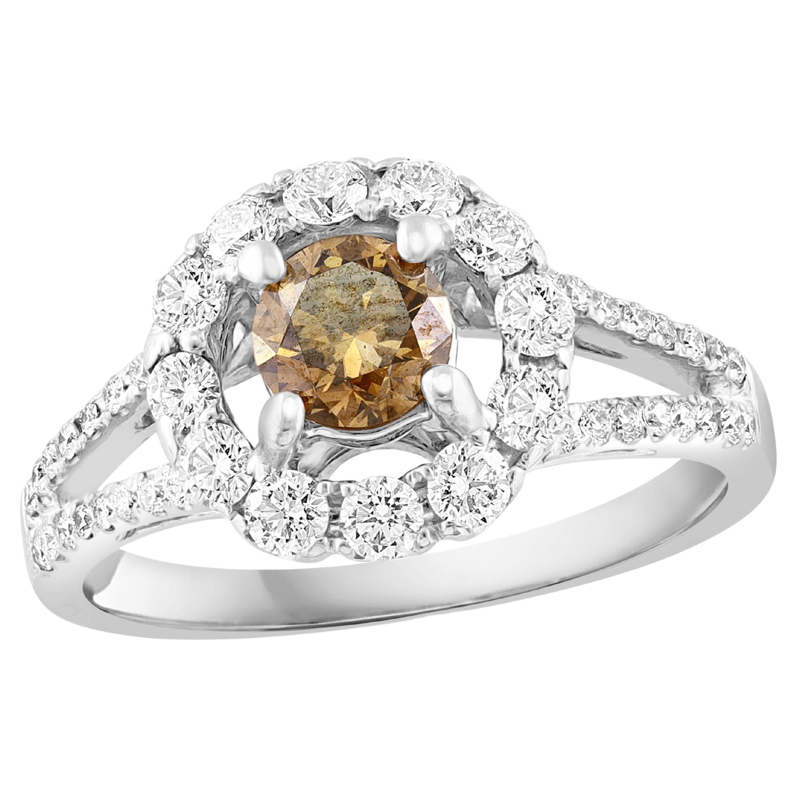 0.61 Carat Brilliant Cut Fancy Brown Diamond 18K White Gold Ring For Sale