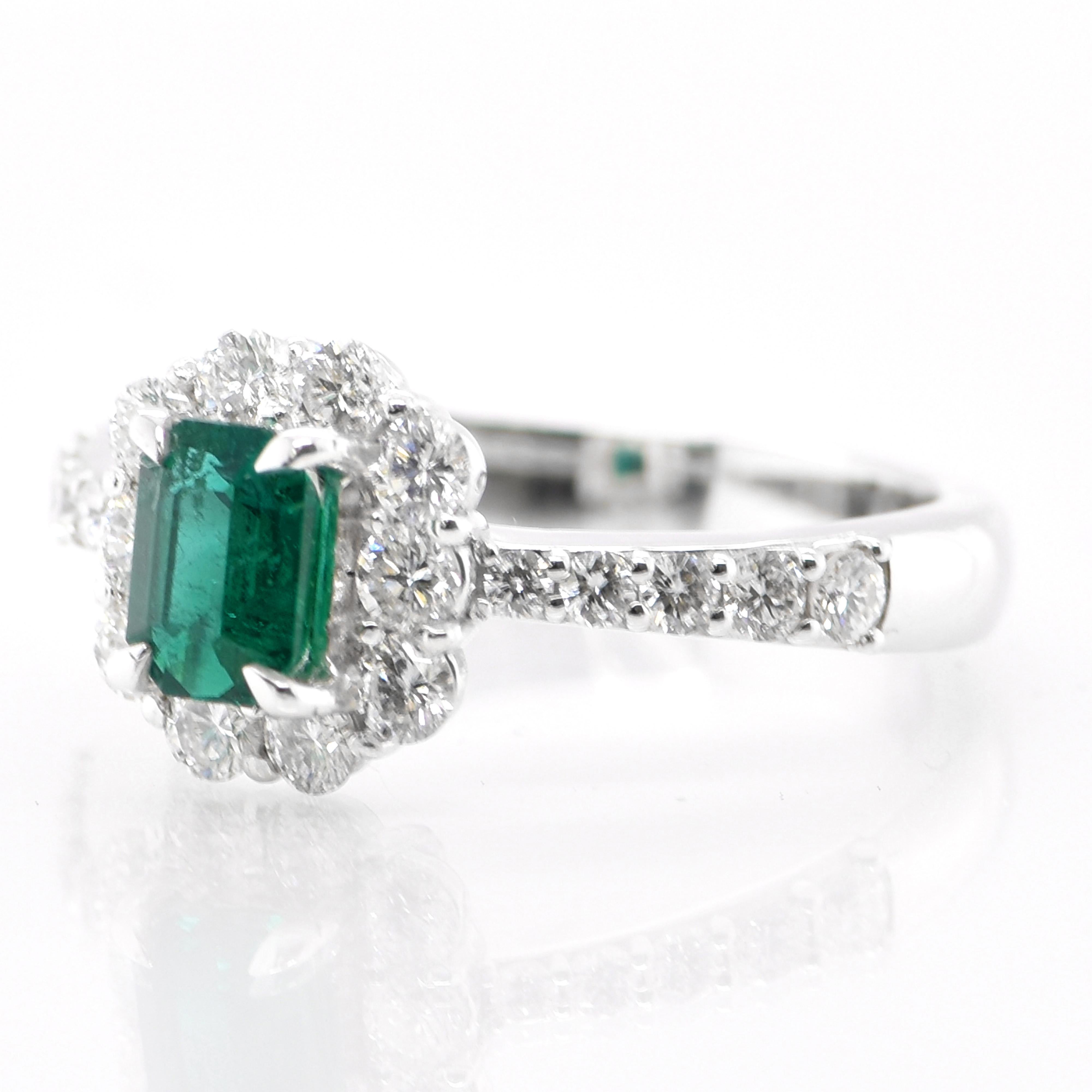 A beautiful Ring featuring a stunning 0.61 Carat Natural Emerald and 0.76 Carats of Diamond Accents set in Platinum. People have admired emerald’s green for thousands of years. Emeralds have always been associated with the lushest landscapes and the