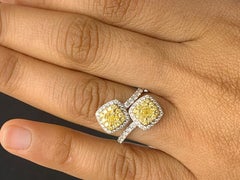 0.61 Carat Cushion Cut Yellow and White Diamond Toi Et Moi Ring 18K Mix Gold