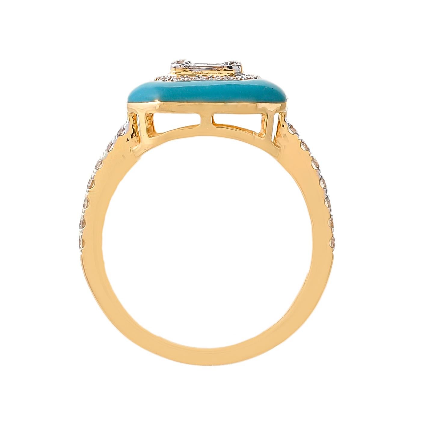 Centring on an octagonal plaque set with diamond baguette, to a diamond set surround further highlighted with turquoise color enamel, to a band set with round cut diamonds with a total diamond weight of 0.61 carats.
Accentuate your look with this