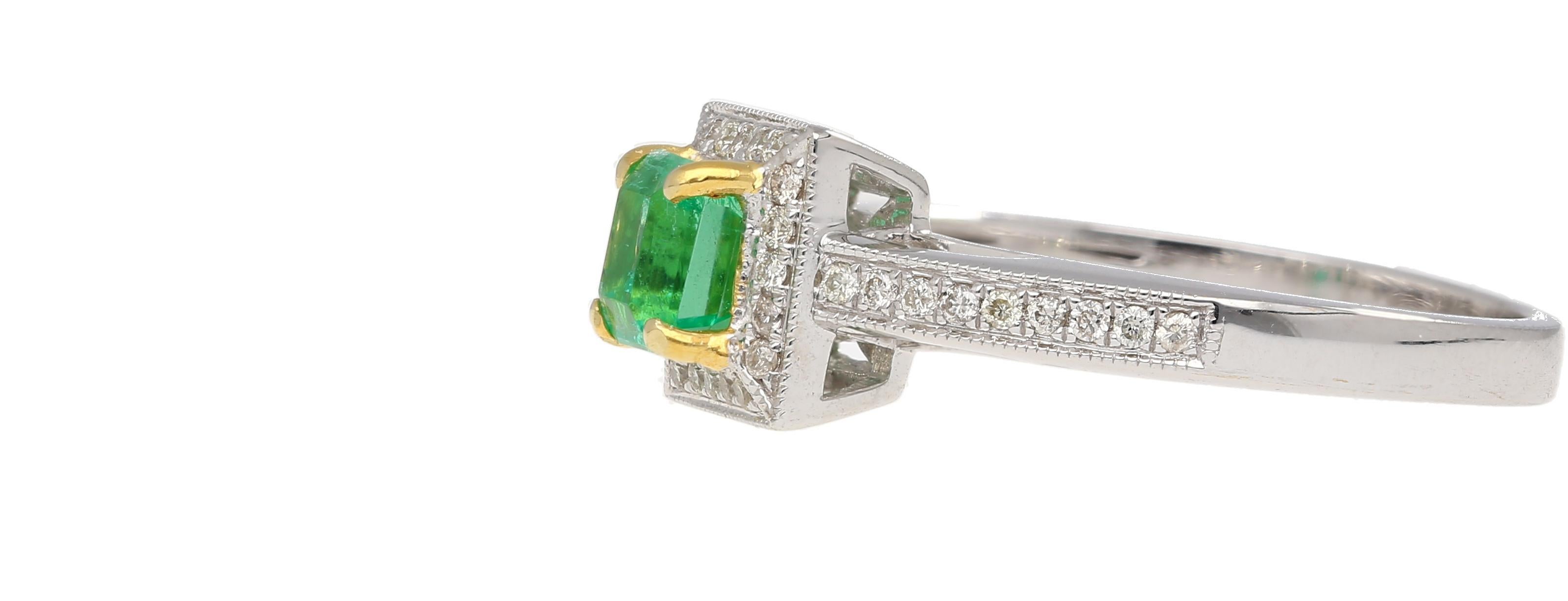 Emerald Cut 0.61 Carat Emerald & Diamond Square Shape Ring in 14K White Gold Size 6.5 For Sale