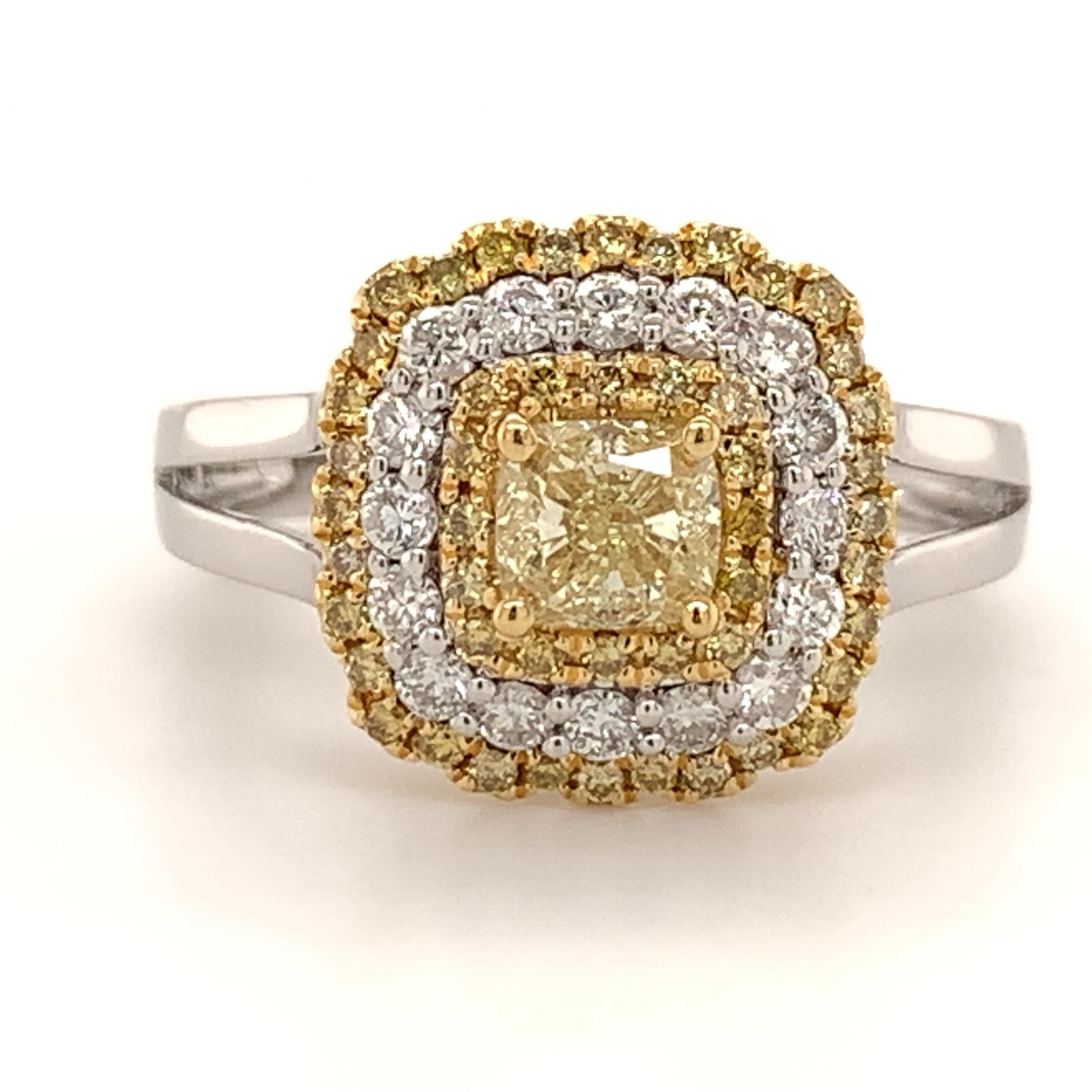Contemporary 0.61 Carat Fancy Yellow Diamond Bridal Ring For Sale