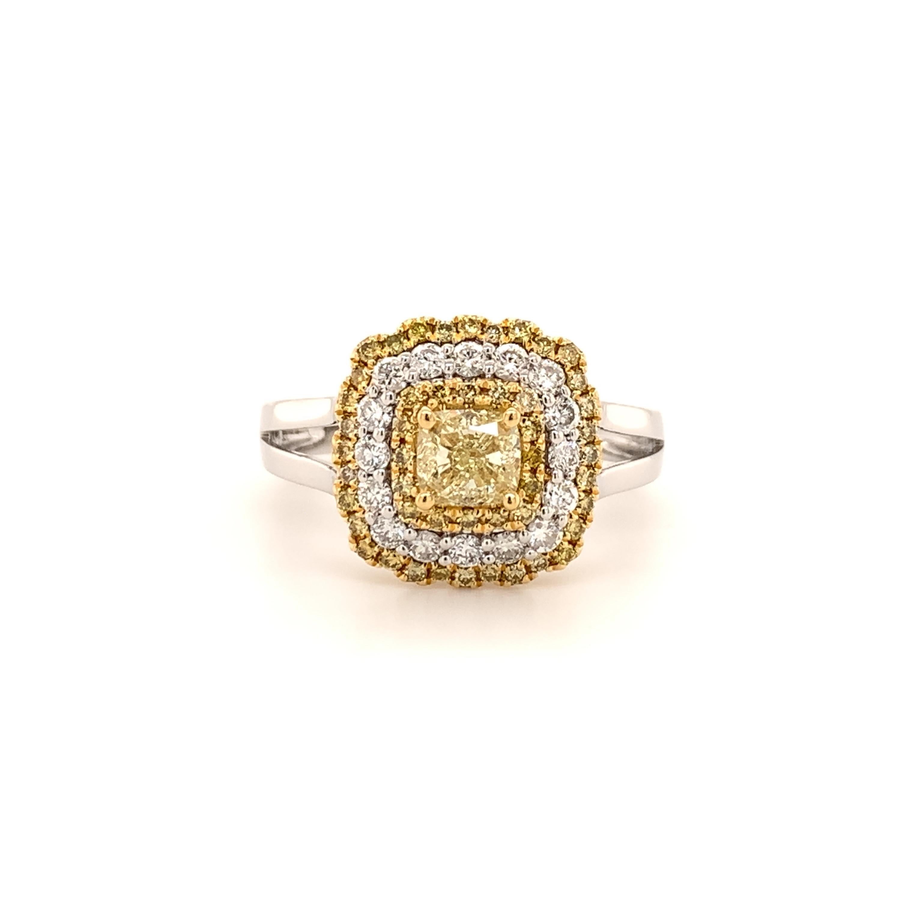 Cushion Cut 0.61 Carat Fancy Yellow Diamond Bridal Ring For Sale