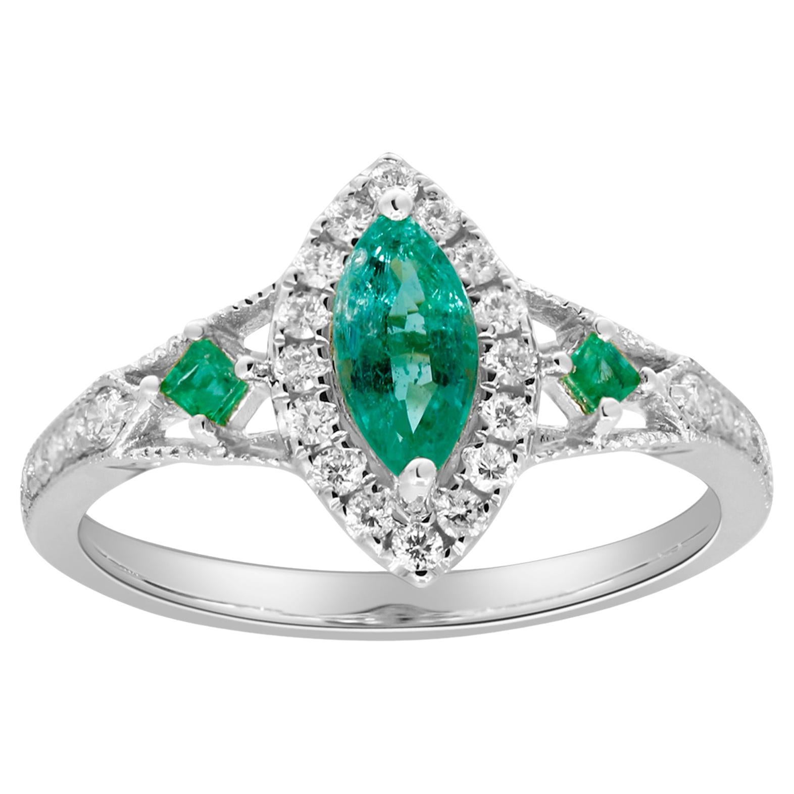 0.61 Carat Marquise and 0.12 Carat Square Emerald Diamond Accents 14KW Gold Ring For Sale