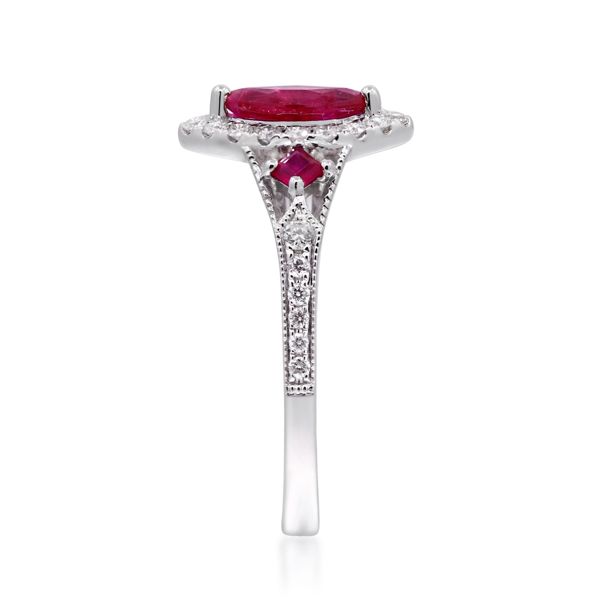 Decorate yourself in elegance with this Ring is crafted from 14-karat White Gold by Gin & Grace.This Ring is made up of 8x4 mm Marquise-Cut Ruby (1 pcs) 0.61 carat, 2.0 mm Square-cut Ruby (2 pcs) 0.12 carat and Round-cut White Diamond (28 Pcs) 0.25