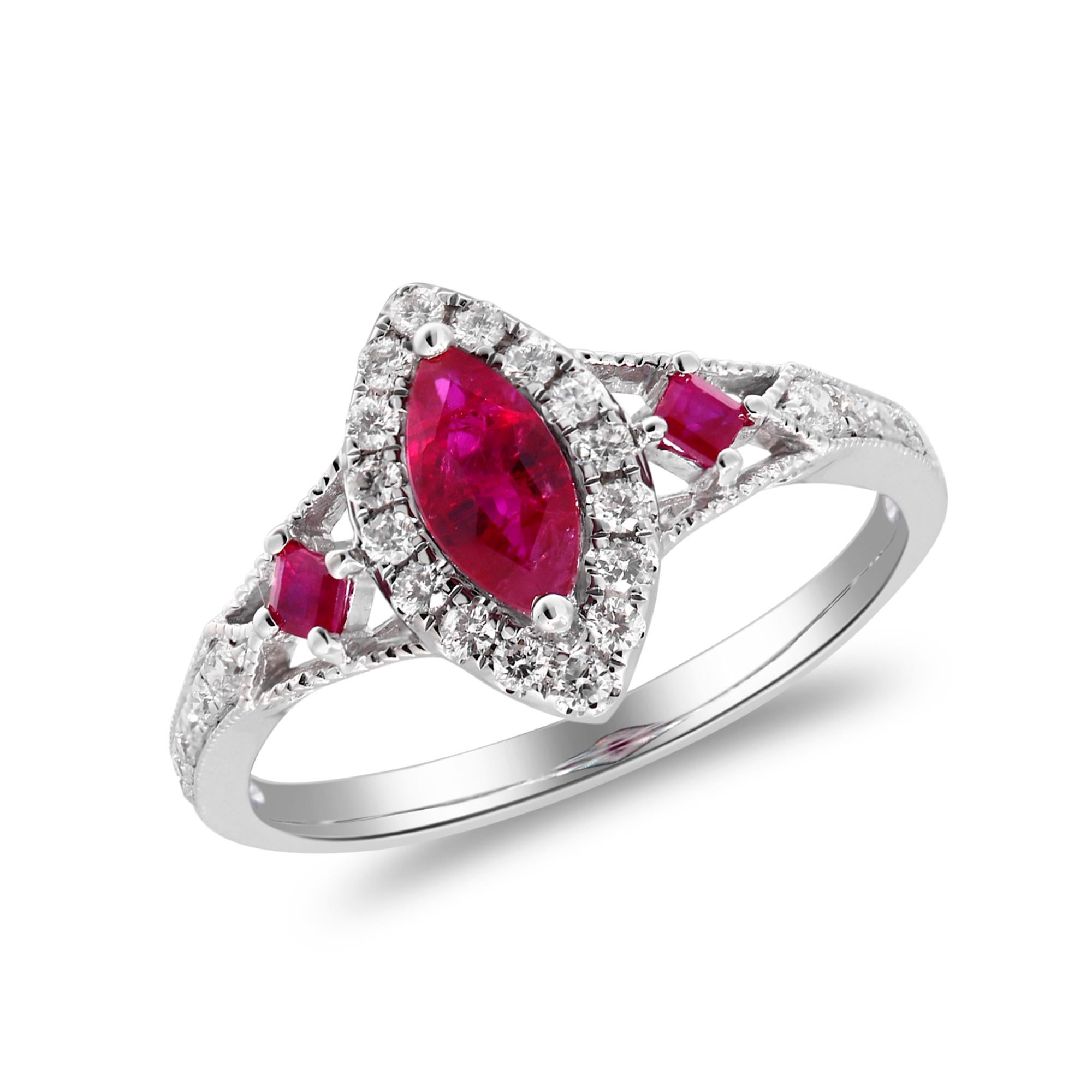 Art Deco 0.61 Carat Marquise and 0.12 Carat Square Ruby Diamond Accents 14kw Gold Ring For Sale