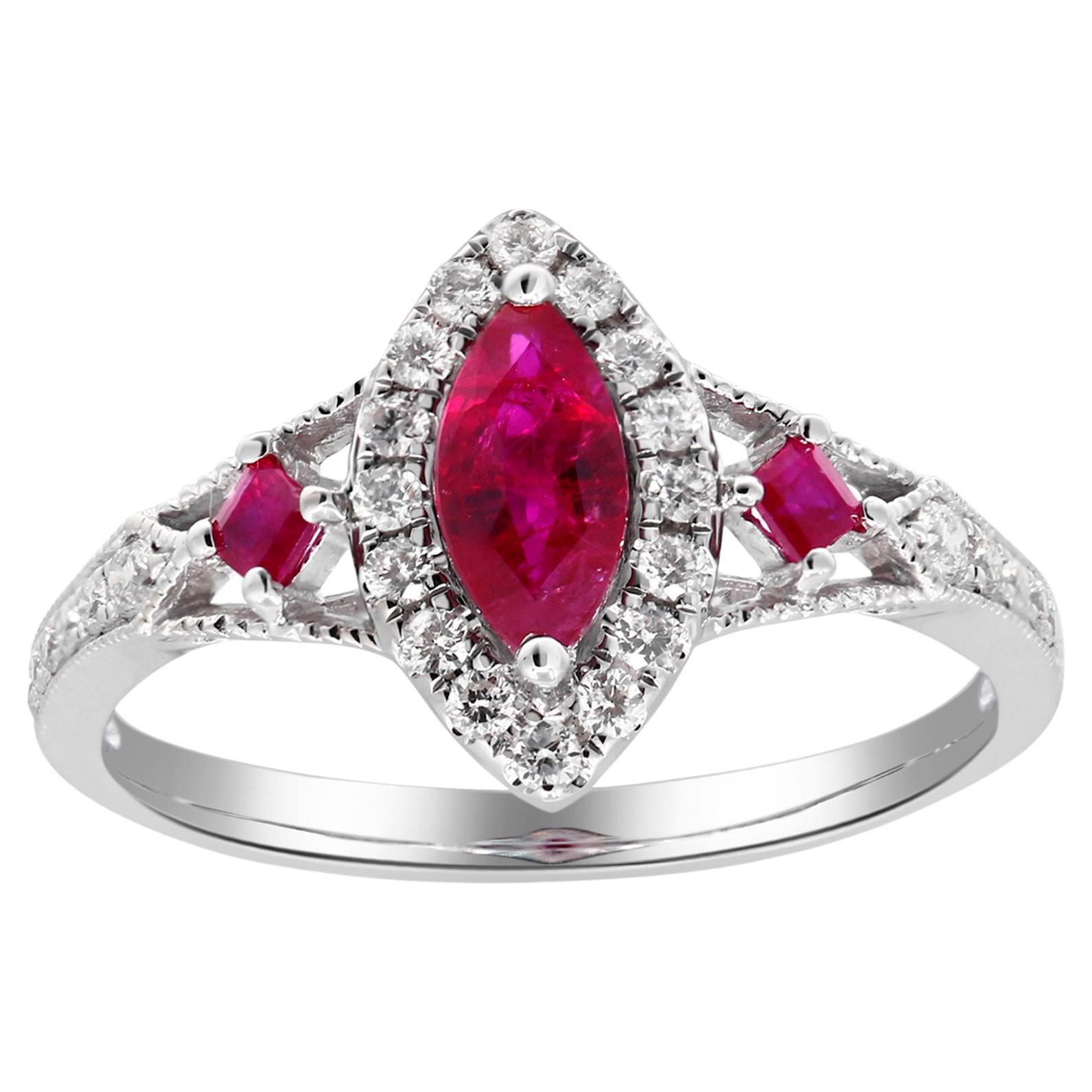 0.61 Carat Marquise and 0.12 Carat Square Ruby Diamond Accents 14kw Gold Ring For Sale