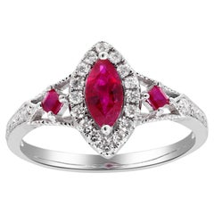 Vintage 0.61 Carat Marquise and 0.12 Carat Square Ruby Diamond Accents 14kw Gold Ring