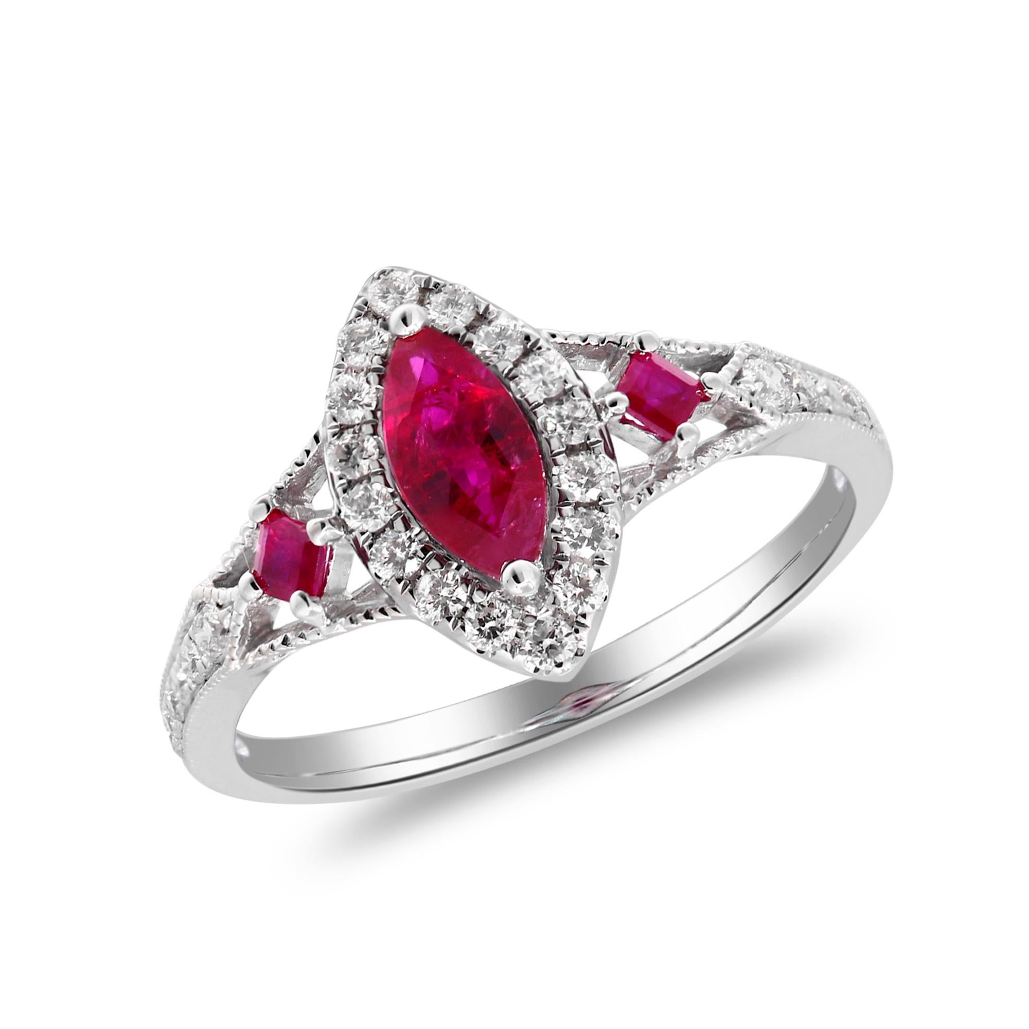 Art Deco 0.61 Carat Marquise and 0.12 Carat Square Ruby Diamond Accents 14KWhiteGold Ring For Sale