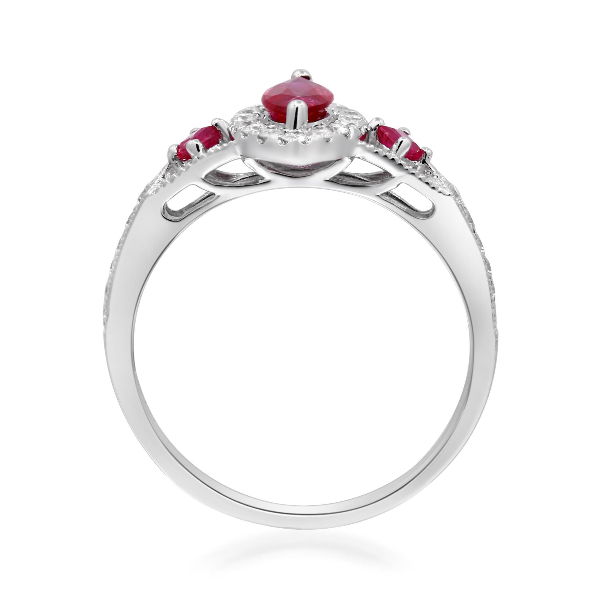 0.61 Carat Marquise and 0.12 Carat Square Ruby Diamond Accents 14KWhiteGold Ring In New Condition For Sale In New York, NY