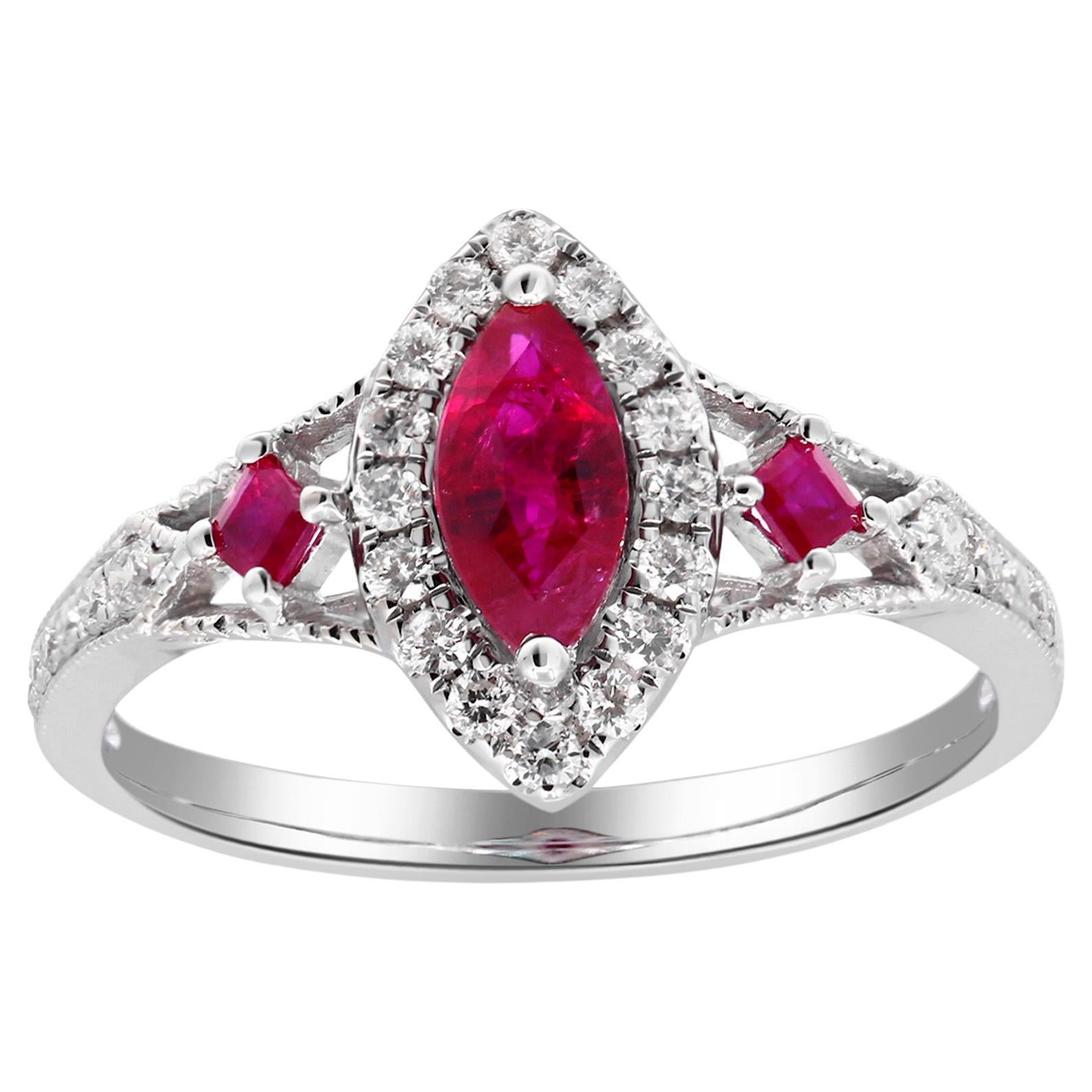 0.61 Carat Marquise and 0.12 Carat Square Ruby Diamond Accents 14KWhiteGold Ring